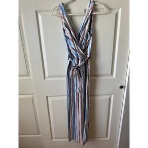 Indigo Rein Jumpsuit Womens M Linen Blend Striped Wrap Wide Leg Belted One Piece